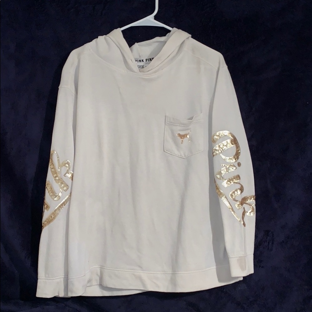 VICTORIAS SECRET PINK OFF-WHITE/GOLD HOODIE 😍